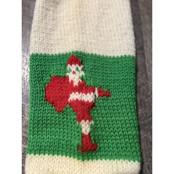 VINTAGE Hand Knit Knitted Christmas Stocking Angora Hair Santa Green White MCM - Picture 3 of 7